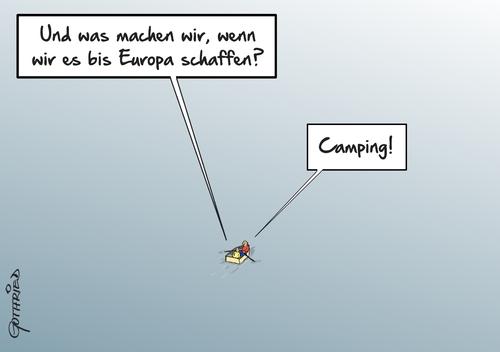 Cartoon: Camping (medium) by Marcus Gottfried tagged flüchtling,asyl,flucht,mittelmeer,boot,schiff,europa,lager,zeltlager,camping,ziel,freude,marcus,gottfried,cartoon,karikatur,flüchtling,asyl,flucht,mittelmeer,boot,schiff,europa,lager,zeltlager,camping,ziel,freude,marcus,gottfried,cartoon,karikatur