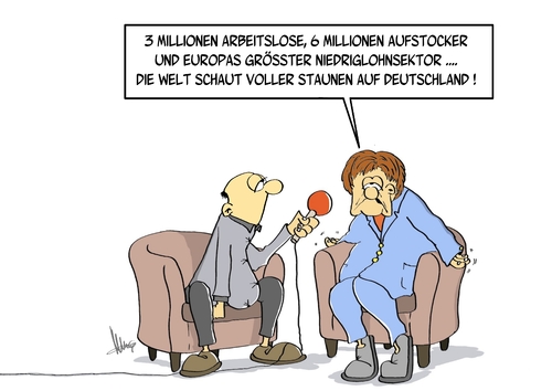Cartoon: Deutschland geht es gut (medium) by Marcus Gottfried tagged merkel,reporter,interview,millionen,arbeitslose,arbeitslosigkeit,aufstocker,gehalt,armut,hartz,einkommen,agentur,niedriglohn,niedriglohnsektor