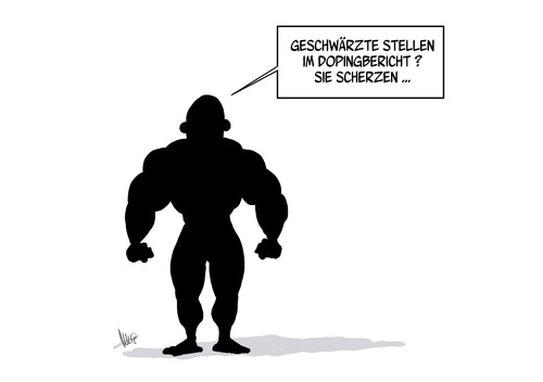 Cartoon: Dopingbericht (medium) by Marcus Gottfried tagged doping,dopingbericht,muskel,sport,wettbewerb,geschwärzt,stellen,witz,scherz,body,bodybuilding,epo,medikamente,anabolika,muskelaufbau,ddr,brd,minister,sportminister