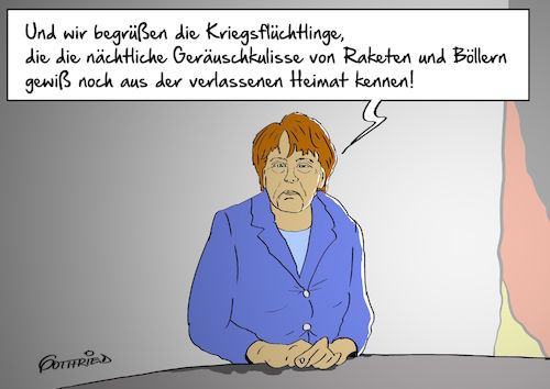 Cartoon: Geräuschkulisse (medium) by Marcus Gottfried tagged merkel,neujahrsansprache,tv,ansprache,willkommen,wir,schaffen,das,flüchtlinge,ankommen,grußadresse,silvester,böller,knaller,krieg,bomben,trauma,freude,marcus,gottfried,cartoon,karikatur,merkel,neujahrsansprache,tv,ansprache,willkommen,wir,schaffen,das,flüchtlinge,ankommen,grußadresse,silvester,böller,knaller,krieg,bomben,trauma,freude,marcus,gottfried,cartoon,karikatur