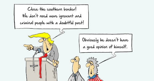 Cartoon: Good opinion (medium) by Marcus Gottfried tagged trump,us,usa,amerika,latinos,honduras,migration,track,border,marcus,gottfried,trump,us,usa,amerika,latinos,honduras,migration,track,border,marcus,gottfried