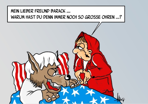 Cartoon: große Ohren (medium) by Marcus Gottfried tagged märchen,rotkäppchen,böse,wolf,ohren,hören,raute,freund,freunde,edward,snowden,nsa,usa,deutschland,amerika,agent,spion,landesverrat,bett,anruf,barack,obama,angela,merkel,marcus,gottfried,cartoon,karikatur,ablehnung,beziehung,asyl,bitte,geleit,verhältnis,prism,daten,datensicherung,abhören