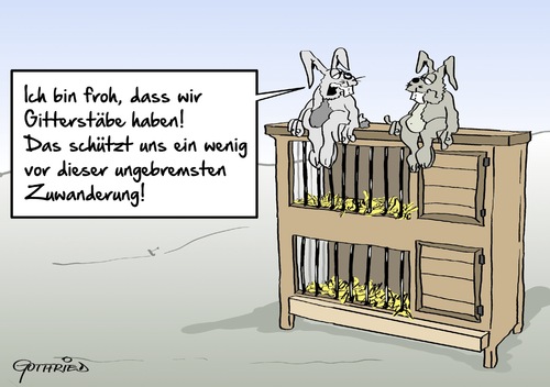 Cartoon: Hasenstall (medium) by Marcus Gottfried tagged karikatur,cartoon,gottfried,marcus,glücklich,froh,refugee,flüchtling,verschlag,zwang,gitter,kaninchen,stall,zuwanderung,hase,hase,zuwanderung,stall,kaninchen,gitter,zwang,verschlag,flüchtling,refugee,froh,glücklich,marcus,gottfried,cartoon,karikatur