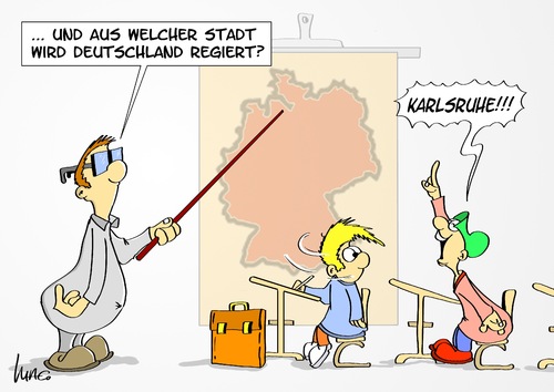 Cartoon: Karlsruhe (medium) by Marcus Gottfried tagged wahlrecht,mandant,überhangmandat,gericht,karlsruhe,bundesverfassungsgericht,schule,wahl,regierung,schüler,lehrer,unterricht,urteil,belehrung,wahlrecht,mandant,überhangmandat,gericht,karlsruhe,bundesverfassungsgericht,schule,wahl,regierung,schüler,lehrer,unterricht,belehrung,verfassung,gesetz