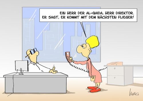 Cartoon: Nächster Flieger! (medium) by Marcus Gottfried tagged büro,anruf,al,qaida,angriff,flugzeug,anreise,anmeldung,flieger