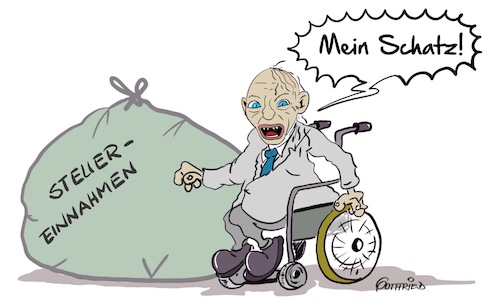 Cartoon: Schatz (medium) by Marcus Gottfried tagged schäuble,finanzminister,steuer,steuererleichterung,steuereinnahmen,gewinn,verlust,steuersenkung,gollum,herr,der,ringe,kino,schatz,besitz,abgabe,rollstuhl,feinde,finanzministerium,freunde,marcus,gottfried,cartoon,karikatur,schäuble,finanzminister,steuer,steuererleichterung,steuereinnahmen,gewinn,verlust,steuersenkung,gollum,herr,der,ringe,kino,schatz,besitz,abgabe,rollstuhl,feinde,finanzministerium,freunde,marcus,gottfried,cartoon,karikatur