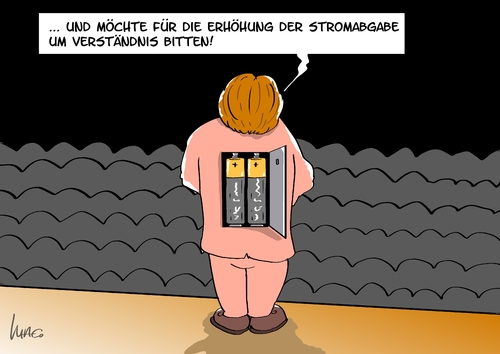 Cartoon: Stomabgabe (medium) by Marcus Gottfried tagged merkel,regierung,berlin,strom,strompreis,preiserhöhung,abgabe,eeg,energie,solar,windkraft,alternative,regenerierte,batterie,stromkunde,abhängigkeit,verständnis