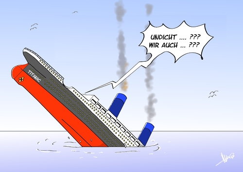 Cartoon: Titanic (medium) by Marcus Gottfried tagged papst,titanic,magazin,anzeige,einstweilige,verfügung,presse,zeitung,titelblatt,undicht,schiff,untergang