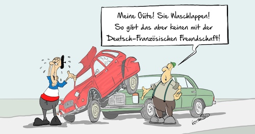 Cartoon: Waschlappen (medium) by Marcus Gottfried tagged deutschland,frankreich,freundschaft,beziehung,citroen,ente,mercedes,w114,waschlappen,zukunft,unfall,deutschland,frankreich,freundschaft,beziehung,citroen,ente,mercedes,w114,waschlappen,zukunft,unfall