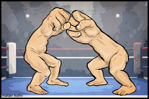 Cartoon: Hand to hand combat (medium) by matan_kohn tagged hand,hands,fights,fight,buttle,funny,fighters,boxing,ring,surreal,art,muscular,creative,illustration,anthropomorphic,design,strength,symbolism,competition,theme,fist,characters,arena,lighting,fantasy,power,metaphor,dynamic