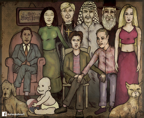 Cartoon: modern family (medium) by matan_kohn tagged modern,family,gay,arab,jews,christianity,cat,dog,baby,black,woman,matan,kohn