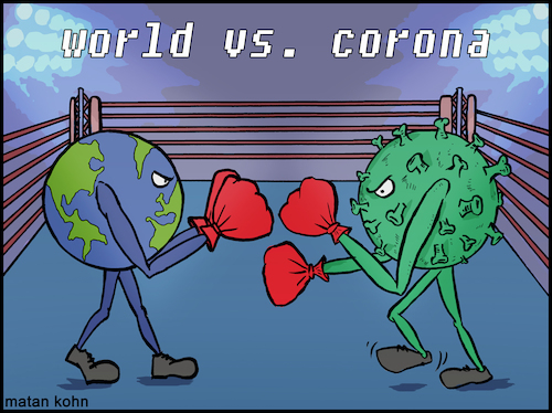 Cartoon: World vs corona (medium) by matan_kohn tagged corona,coronavirus,world,boxing,caricature,europe,virus,fight,politics,war,illustration,disease,epidemic,art,china,italy,sad