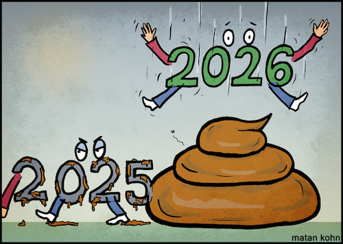 Cartoon: 2026 New year (medium) by matan_kohn tagged year,happynewyear,hoodtime,2025,2026,cartoon,illustration,funny,new,happy,numbers,zero,humor,call,summer,hebrew,gameweb,comics,comedy,carton,serve,enormal,anormalities,two,national,celebrations,holiday,sylvester,jesus,years,eve