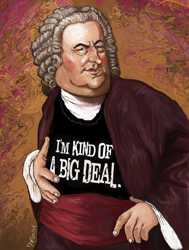 Cartoon: big deal (medium) by frostyhut tagged bach,music,classical,wig,piano,keyboard,harpsichord,orchestra,composer