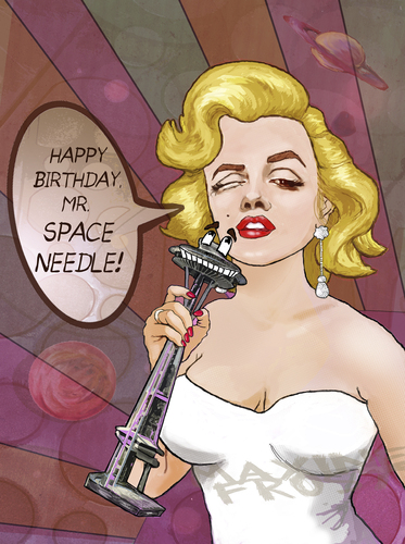 Cartoon: Happy Birthday Mr. Space Needle (medium) by frostyhut tagged planets,bubble,monroe,marilyn,birthday,seattle,spaceneedle