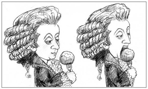 Cartoon: Mozart eating a fried liver ball (medium) by frostyhut tagged mozart,liver,meatball,food,wig,classical,music