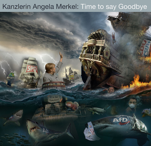 Cartoon: Sie ist dann mal weg (medium) by Bürgerschreck tagged merkel,lotse,seeschlacht,sturmreif,politik,untergang,cdu,kanzlerin,partei,krieg,galeone,kriegsschiff,geschütze,kanonen,breitseite
