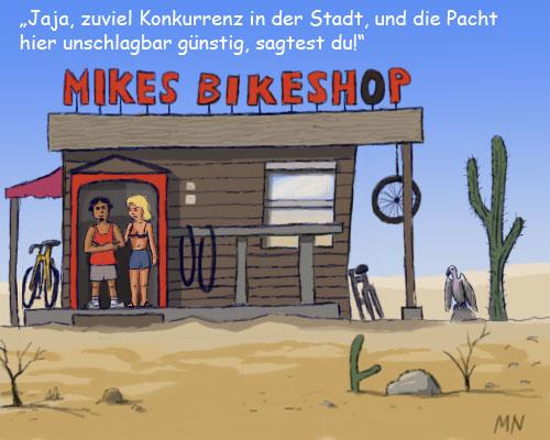 Cartoon: Servicewueste (medium) by flintstone73 tagged bike,shop,desert,fahrrad,wueste,geschaeft,business,bretterbude,einoede