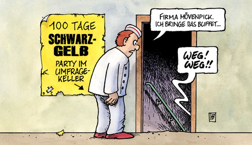 Cartoon: 100 Tage Schwarz-Gelb (medium) by Harm Bengen tagged 100,tage,schwarz,gelb,regierung,koalition,cdu,csu,fdp,feier,party,keller,umfrage,buffet,mövenpick,hotel,spende,schwarz,100 tage,gelb,regierung,koalition,cdu,csu,feier,party,keller,umfrage,buffet,mövenpick,spende,hotel,100,tage