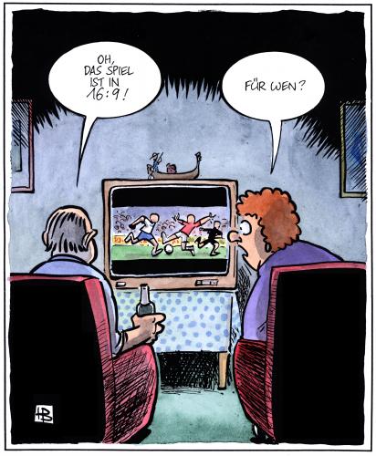 Cartoon: 16 zu 9 (medium) by Harm Bengen tagged tv,fernsehen,fußball,,tv,fernsehen,fußball,169,mann,frau,paar,beziehung,geschlechter,sender,programm,format,bildformat,missverständnis,breitbild,spielstand,punkte,tore,kalauer,fortschritt,technischer fortschritt,hdtv,digital,16zu9,breitband,hochauflösendes tv,brilliant,flachbildschirm,breitformat,rechte,rechtekrieg,premiere,dfb,dfl,fußballliga,leo kirch,vermarktung,zentralvermarktung,bayern münchen,karlheinz rummenigge,technischer,hochauflösendes,leo,kirch,bayern,münchen,karlheinz,rummenigge,bundeskartellamt