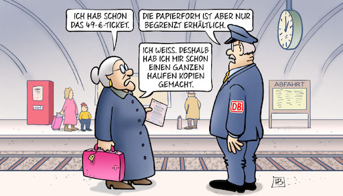 Cartoon: 49-Euro-Ticket auf Papier (medium) by Harm Bengen tagged papierform,kopien,49,euro,ticket,susemil,bahnhof,bahnsteig,schaffner,harm,bengen,cartoon,karikatur,papierform,kopien,49,euro,ticket,susemil,bahnhof,bahnsteig,schaffner,harm,bengen,cartoon,karikatur