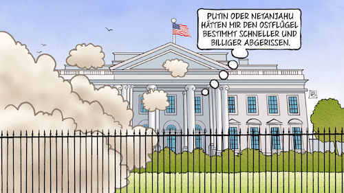 Cartoon: Abriss Ostflügel (medium) by Harm Bengen tagged abriss,ostflügel,weißes,haus,trump,staubwolke,zerstörung,putin,netanjahu,gaza,ukraine,trümmer,harm,bengen,cartoon,karikatur,abriss,ostflügel,weißes,haus,trump,staubwolke,zerstörung,putin,netanjahu,gaza,ukraine,trümmer,harm,bengen,cartoon,karikatur
