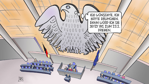 Cartoon: Adler dreht Däumchen (medium) by Harm Bengen tagged däumchen,drehen,bundestag,bundesadler,adler,neuwahlen,stillstand,parlament,blockade,harm,bengen,cartoon,karikatur,däumchen,drehen,bundestag,bundesadler,adler,neuwahlen,stillstand,parlament,blockade,harm,bengen,cartoon,karikatur