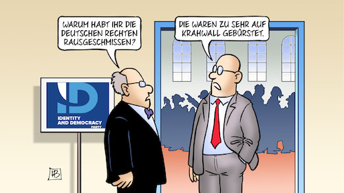 Cartoon: AfD-Ausschluss (medium) by Harm Bengen tagged afd,id,fraktion,europaparlament,deutsche,rechten,rausschmiss,ausschluss,krawall,krahwall,krah,harm,bengen,cartoon,karikatur,afd,id,fraktion,europaparlament,deutsche,rechten,rausschmiss,ausschluss,krawall,krahwall,krah,harm,bengen,cartoon,karikatur