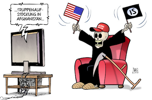 Cartoon: Afghanistan-Aufstockung (medium) by Harm Bengen tagged truppenaufstockung,afghanistan,trump,usa,islamisten,krieg,tod,harm,bengen,cartoon,karikatur,truppenaufstockung,afghanistan,trump,usa,islamisten,krieg,tod,harm,bengen,cartoon,karikatur