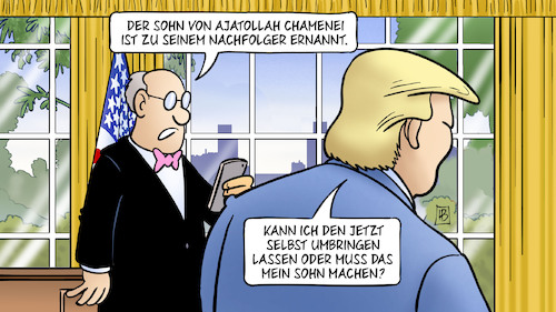 Cartoon: Ajatollah-Sohn (medium) by Harm Bengen tagged sohn,ajatollah,chamenei,nachfolger,umbringen,mord,trump,oval,office,handy,krieg,usa,israel,iran,harm,bengen,cartoon,karikatur,sohn,ajatollah,chamenei,nachfolger,umbringen,mord,trump,oval,office,handy,krieg,usa,israel,iran,harm,bengen,cartoon,karikatur