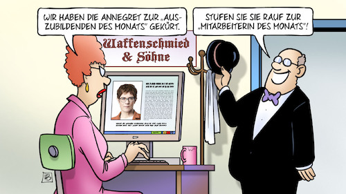 Cartoon: AKK des Monats (medium) by Harm Bengen tagged annegret,chef,akk,verteidigungsministerin,kramp,karrenbauer,rüstungsindustrie,waffenschmied,wehretat,zwei,prozent,nato,militärausgaben,bundeswehr,auszubildende,mitarbeiterin,des,monats,pc,computer,harm,bengen,cartoon,karikatur,annegret,chef,akk,verteidigungsministerin,kramp,karrenbauer,rüstungsindustrie,waffenschmied,wehretat,zwei,prozent,nato,militärausgaben,bundeswehr,auszubildende,mitarbeiterin,des,monats,pc,computer,harm,bengen,cartoon,karikatur