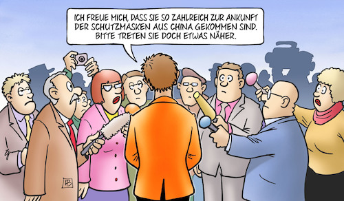 Cartoon: AKK empfängt Schutzmasken (medium) by Harm Bengen tagged akk,kramp,karrenbauer,verteidigungsministerin,bundeswehr,schutzmasken,china,reporter,abstandsregeln,kontaktverbot,corona,coronavirus,ansteckung,pandemie,epidemie,krankheit,schaden,harm,bengen,cartoon,karikatur,akk,kramp,karrenbauer,verteidigungsministerin,bundeswehr,schutzmasken,china,reporter,abstandsregeln,kontaktverbot,corona,coronavirus,ansteckung,pandemie,epidemie,krankheit,schaden,harm,bengen,cartoon,karikatur