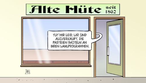 Cartoon: Alte Hüte (medium) by Harm Bengen tagged alte,hüte,hut,laden,geschäft,ausverkauft,parteien,basteln,wahlprogrammen,bundestagswahl,harm,bengen,cartoon,karikatur,alte,hüte,hut,laden,geschäft,ausverkauft,parteien,basteln,wahlprogrammen,bundestagswahl,harm,bengen,cartoon,karikatur