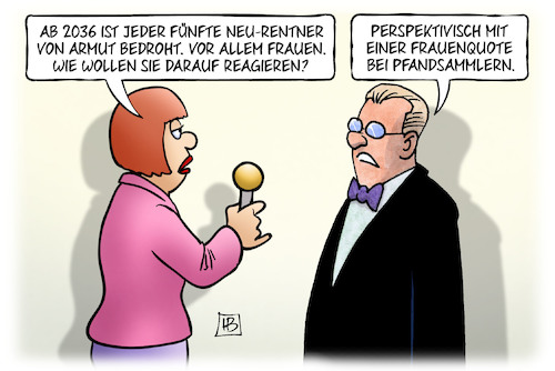 Cartoon: Altersarmut ab 2036 (medium) by Harm Bengen tagged 2036,rentner,rente,altersarmut,interview,frauenquote,pfandsammler,flaschensammler,harm,bengen,cartoon,karikatur,2036,rentner,rente,altersarmut,interview,frauenquote,pfandsammler,flaschensammler,harm,bengen,cartoon,karikatur