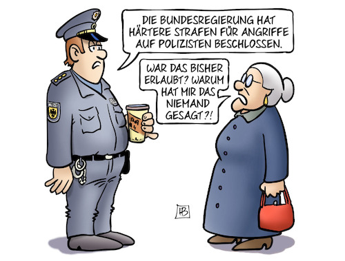 Cartoon: Angriffe auf Polizisten (medium) by Harm Bengen tagged angriffe,polizisten,einsatzkräfte,bundesregierung,härtere,strafen,susemil,polizei,harm,bengen,cartoon,karikatur,angriffe,polizisten,einsatzkräfte,bundesregierung,härtere,strafen,susemil,polizei,harm,bengen,cartoon,karikatur