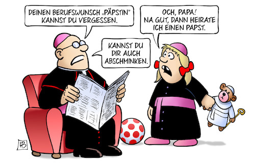 Cartoon: Apostolisches Schreiben (medium) by Harm Bengen tagged apostolisches,schreiben,berufswunsch,paepstin,papa,vater,priester,kind,tochter,heirat,papst,zoelibat,harm,bengen,cartoon,karikatur,apostolisches,schreiben,berufswunsch,paepstin,papa,vater,priester,kind,tochter,heirat,papst,zoelibat,harm,bengen,cartoon,karikatur