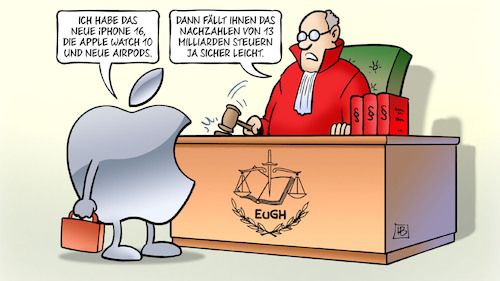 Cartoon: Apple-Steuern (medium) by Harm Bengen tagged iphone,16,apple,watch,airpods,eugh,urteil,nachzahlen,steuern,harm,bengen,cartoon,karikatur,iphone,16,apple,watch,airpods,eugh,urteil,nachzahlen,steuern,harm,bengen,cartoon,karikatur