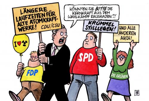 Cartoon: Atom-Wahlkampf (medium) by Harm Bengen tagged atom,wahlkampf,wahl,bundestagswahl,atomkraft,kernkraft,atomkraftwerke,kernkraftwerke,restlaufzeiten,abschalten,krümmel,vattenfall,cdu,fdp,spd,grüne,atom,wahlkampf,wahl,wahlen,regierung,bundestagswahl,bundestag,atomkraft,kernkraft,atomkraftwerke,kernkraftwerke,restlaufzeiten,abschalten,krümmel,vattenfall,cdu,fdp,grüne,spd,energie,strom