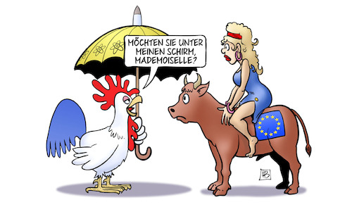 Cartoon: Atomschirm Frankreich (medium) by Harm Bengen tagged atomschirm,frankreich,schirm,mademoiselle,gallischer,hahn,europa,stier,harm,bengen,cartoon,karikatur,atomschirm,frankreich,schirm,mademoiselle,gallischer,hahn,europa,stier,harm,bengen,cartoon,karikatur