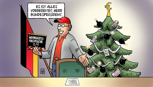 Cartoon: Aufzeichnung Weihnachtsansprache (medium) by Harm Bengen tagged aufzeichnung,weihnachtsansprache,weihnachten,weihnachtsbaum,tannenbaum,urlaub,unternehmer,wulff,bundespräsident,maschmeyer,geerkens,anwalt,kredit,vorteil,vorteilsnahme,zinsen,bestechung,korruption,buch,anzeigen,rücktritt,aufzeichnung,weihnachtsansprache,weihnachten,weihnachtsbaum,tannenbaum,urlaub,unternehmer,wulff