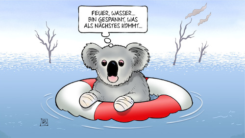 Cartoon: Australien Feuer Wasser (medium) by Harm Bengen tagged feuer,wasser,australien,buschbrände,überschwemmungen,regen,koala,rettungsring,harm,bengen,cartoon,karikatur,feuer,wasser,australien,buschbrände,überschwemmungen,regen,koala,rettungsring,harm,bengen,cartoon,karikatur