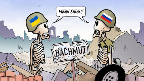 Cartoon: Bachmut-Sieg (medium) by Harm Bengen tagged bachmut,sieg,skelette,zerstörung,trümmer,ortsschild,russland,ukraine,krieg,harm,bengen,cartoon,karikatur,bachmut,sieg,skelette,zerstörung,trümmer,ortsschild,russland,ukraine,krieg,harm,bengen,cartoon,karikatur