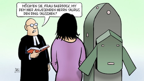 Cartoon: Baerbock und Ringtausch (medium) by Harm Bengen tagged aussenministerin,baerbock,taurus,ringtausch,pfarrer,hochzeit,trauung,marschflugkörper,krieg,ukraine,waffenlieferungen,harm,bengen,cartoon,karikatur,aussenministerin,baerbock,taurus,ringtausch,pfarrer,hochzeit,trauung,marschflugkörper,krieg,ukraine,waffenlieferungen,harm,bengen,cartoon,karikatur