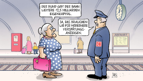 Cartoon: Bahn-Eigenkapital (medium) by Harm Bengen tagged bund,bahn,bahnhof,bahnsteig,eigenkapital,modernere,verspätungsanzeigen,schaffner,susemil,harm,bengen,cartoon,karikatur,bund,bahn,bahnhof,bahnsteig,eigenkapital,modernere,verspätungsanzeigen,schaffner,susemil,harm,bengen,cartoon,karikatur