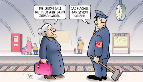 Cartoon: Bahn zerschlagen (medium) by Harm Bengen tagged union,deutsche,bahn,zerschlagen,vorschlaghammer,schaffner,susemil,bahnhof,bahnsteig,cdu,csu,infrastruktur,harm,bengen,cartoon,karikatur,union,deutsche,bahn,zerschlagen,vorschlaghammer,schaffner,susemil,bahnhof,bahnsteig,cdu,csu,infrastruktur,harm,bengen,cartoon,karikatur