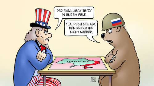 Cartoon: Ball bei den Russen (medium) by Harm Bengen tagged ball,feld,pech,usa,ukraine,russland,krieg,besetzung,uncle,sam,baer,landkarte,harm,bengen,cartoon,karikatur,ball,feld,pech,usa,ukraine,russland,krieg,besetzung,uncle,sam,baer,landkarte,harm,bengen,cartoon,karikatur