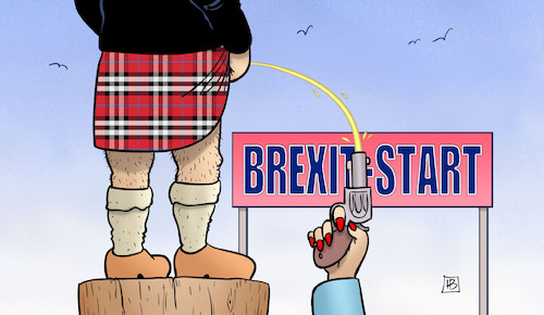 Cartoon: Brexit-Start (medium) by Harm Bengen tagged brexit,start,may,uk,schottland,unabhängigkeit,referendum,eu,austritt,pinkeln,kilt,harm,bengen,cartoon,karikatur,brexit,start,may,uk,schottland,unabhängigkeit,referendum,eu,austritt,pinkeln,kilt,harm,bengen,cartoon,karikatur