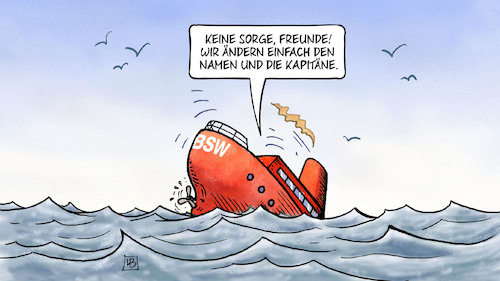 Cartoon: BSW-Kurs (medium) by Harm Bengen tagged bsw,wagenknecht,partei,untergang,schiff,namen,kapitäne,wasser,meer,harm,bengen,cartoon,karikatur,bsw,wagenknecht,partei,untergang,schiff,namen,kapitäne,wasser,meer,harm,bengen,cartoon,karikatur
