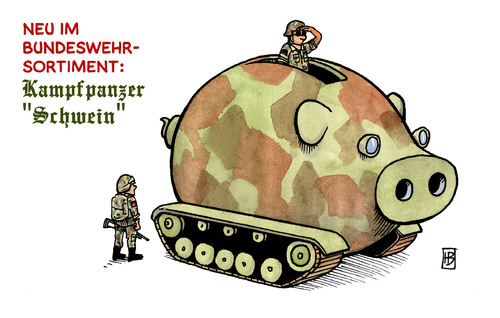 Cartoon: Bundeswehrreform (medium) by Harm Bengen tagged bundeswehrreform,bundeswehr,reform,verteidigungsminister,guttenberg,wehrpflicht,aussetzen,sparen,geld,haushalt,schäuble,kampfpanzer,panzer,soldat,soldaten,armee,krieg,verteidigung,auslandseinsatz,schwein,sparschwein,bundeswehrreform,bundeswehr,reform,verteidigungsminister,guttenberg,wehrpflicht,aussetzen,geld,sparen,schäuble,kampfpanzer,soldaten,soldat,armee,verteidigung,auslandseinsatz