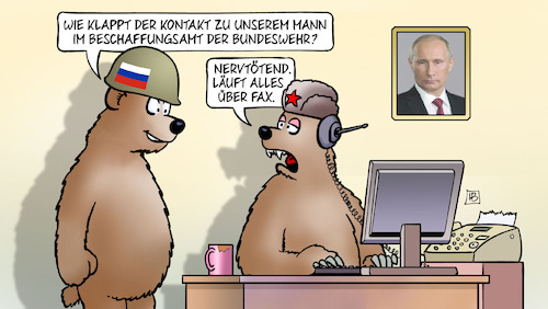 Cartoon: Bundeswehrspion (medium) by Harm Bengen tagged kontakt,spionage,beschaffungsamt,bundeswehr,fax,baeren,computer,russland,ukraine,krieg,harm,bengen,cartoon,karikatur,kontakt,spionage,beschaffungsamt,bundeswehr,fax,baeren,computer,russland,ukraine,krieg,harm,bengen,cartoon,karikatur